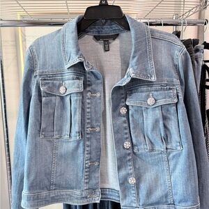White House Black Market Denim Blue Women's Jacket with Rhinestone buttons.